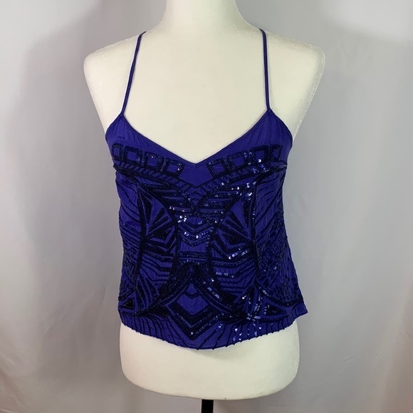 Bebe Blue Cropped Sequin Chiffon Silk Tank Top - Picture 1 of 6